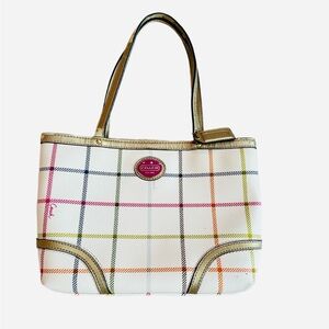 #80 COACH ~ White and Multicolor Plaid Bag Metallic Trim and Handles circa 2012